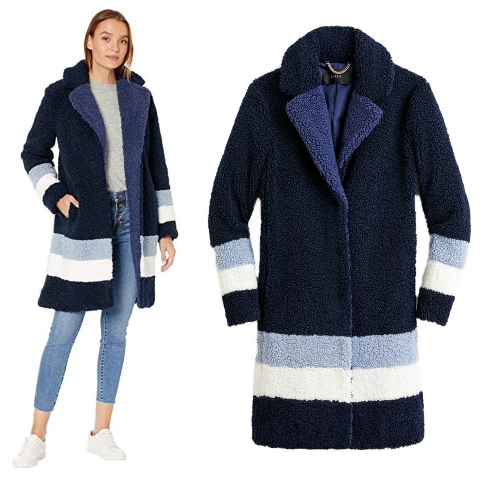J CREW Ariana Colorblock Sherpa Teddy Coat striped